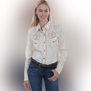 Scully Women’s Embroidered Flower and Horseshoes Long Sleeve Western Wear Shirt